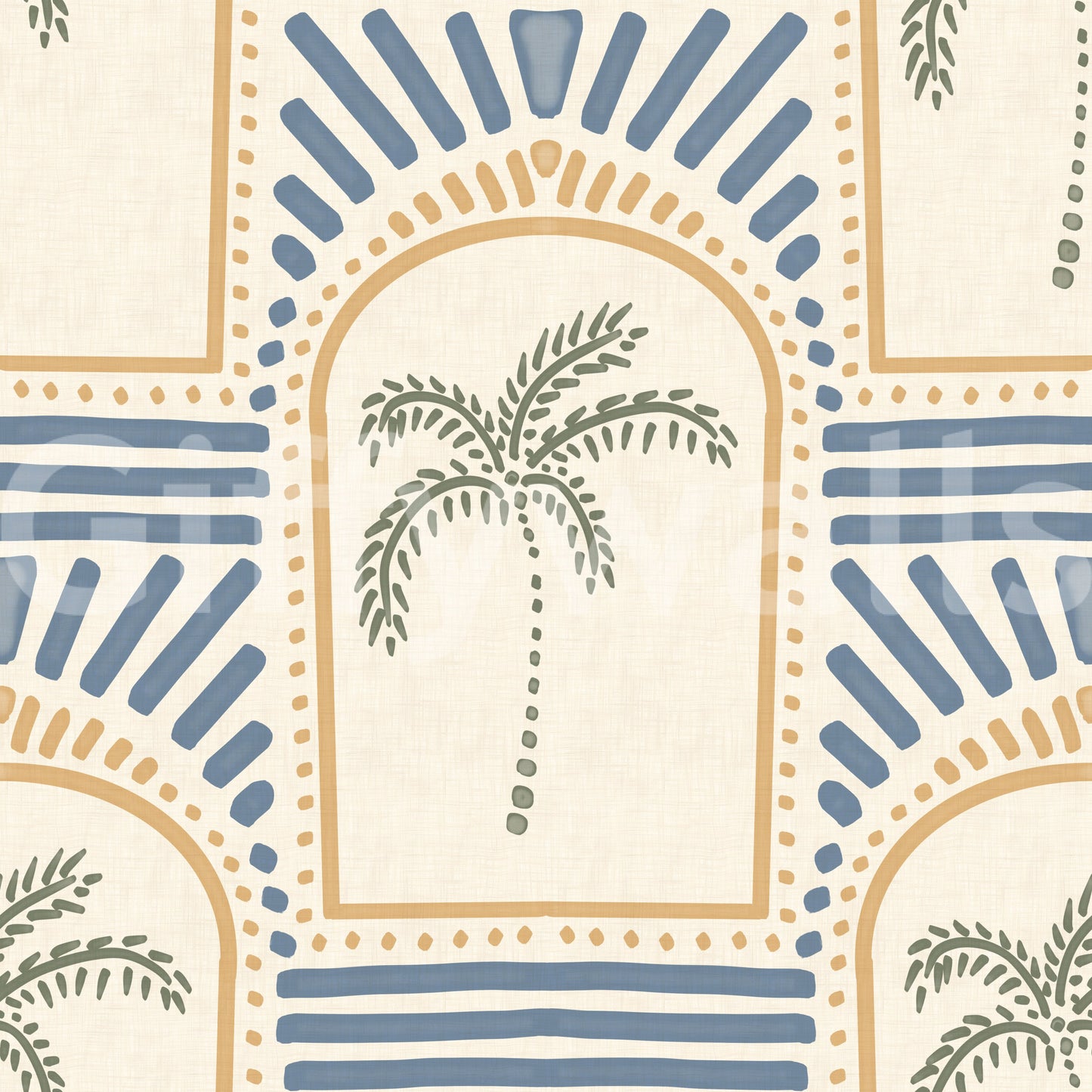 Tropical Palm Art Deco Archways Sand & Slate Blue Wallpaper detailing striped borders.