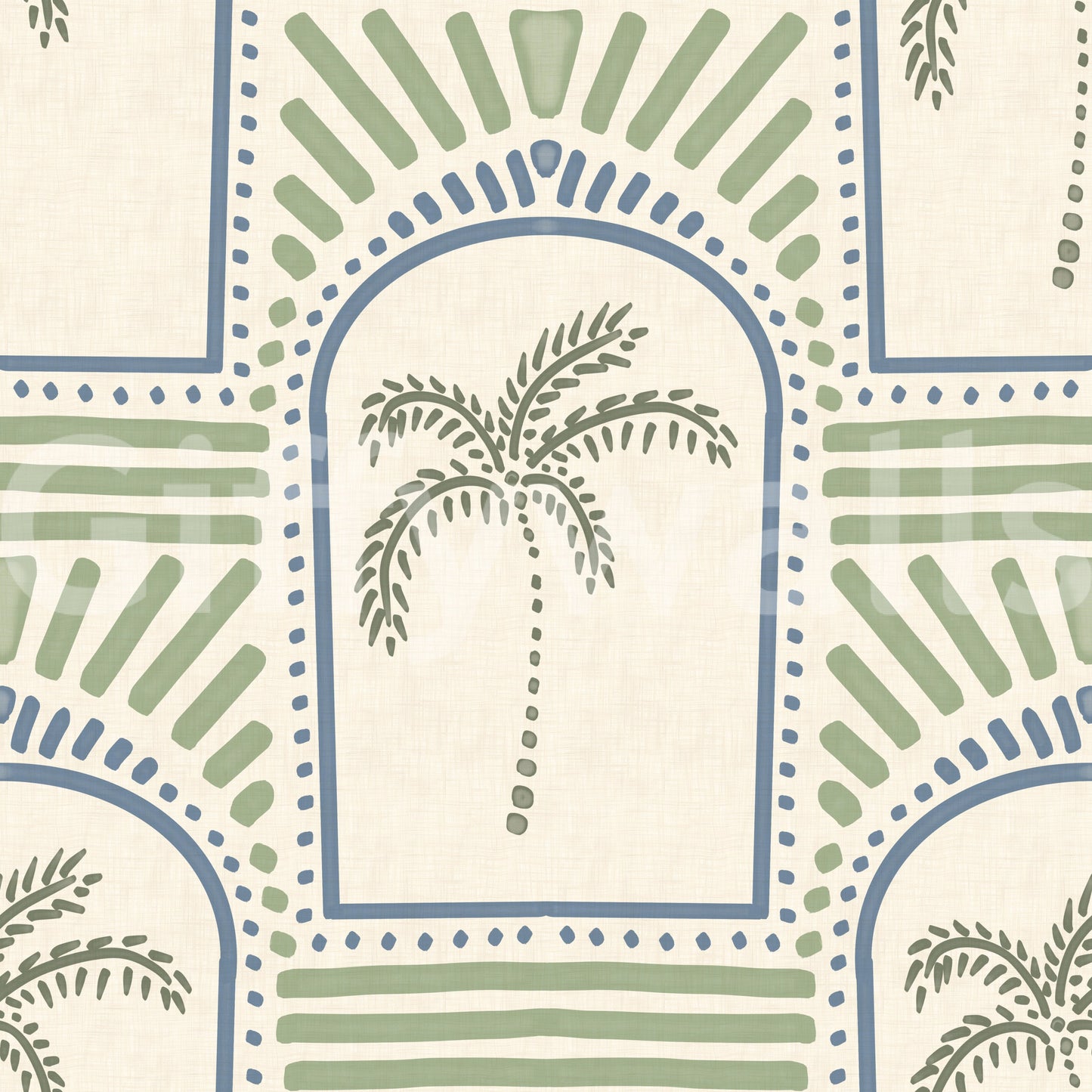 repeating archways arrangement displayed on a tropical palm wallpaper