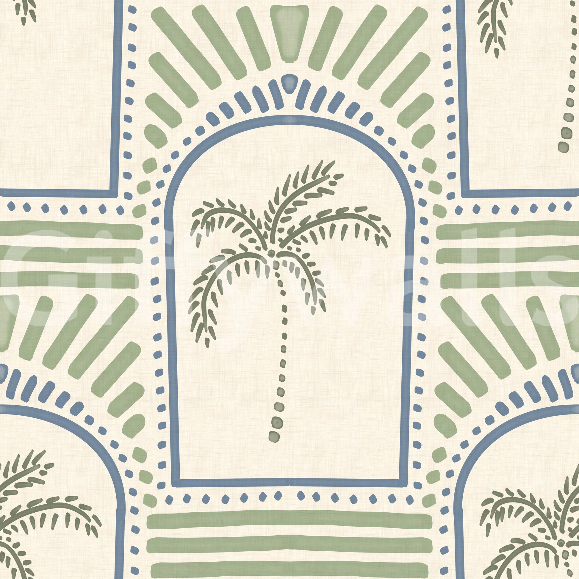 repeating archways arrangement displayed on a tropical palm wallpaper