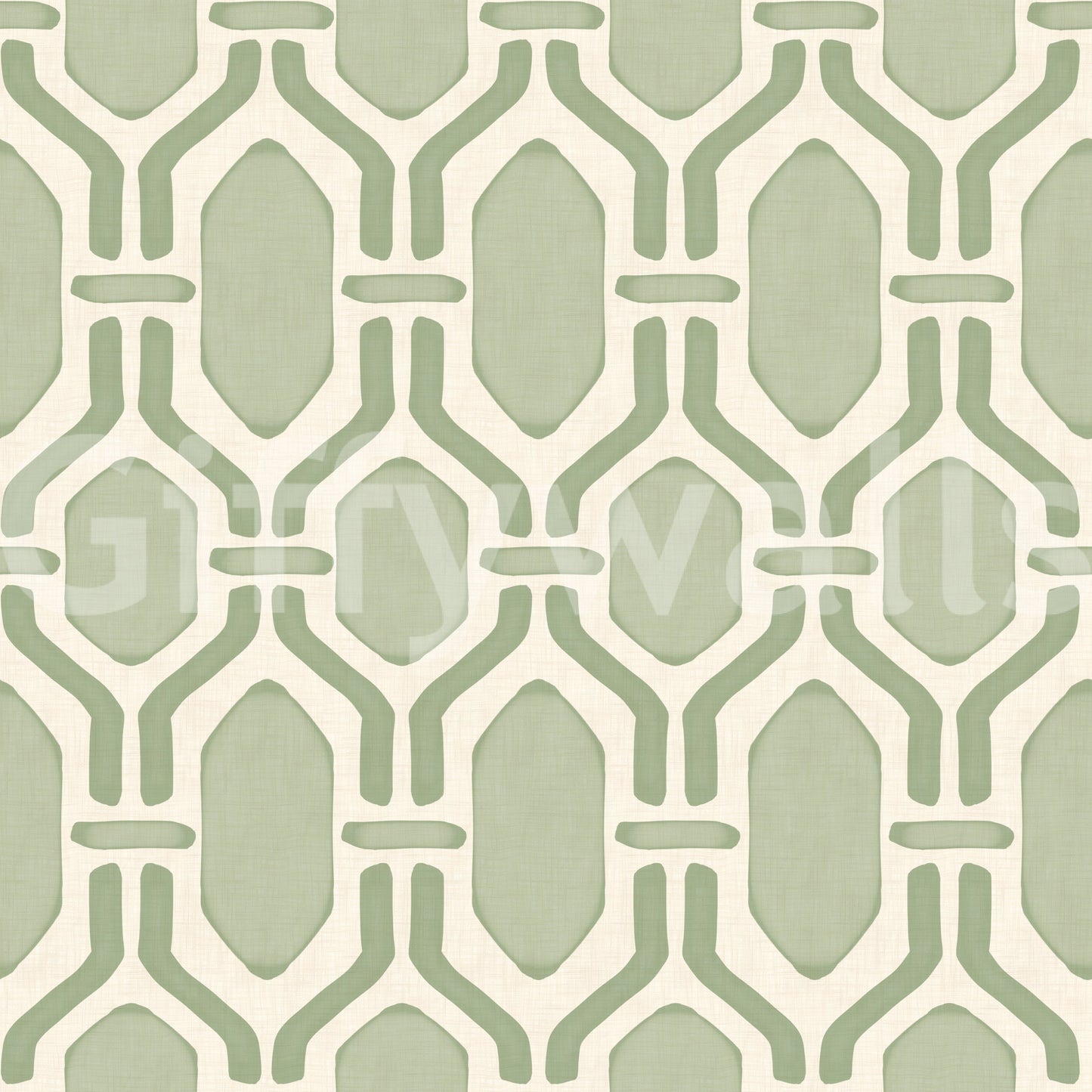 Close look at the green trellis shapes on a geometric wallpaper.
