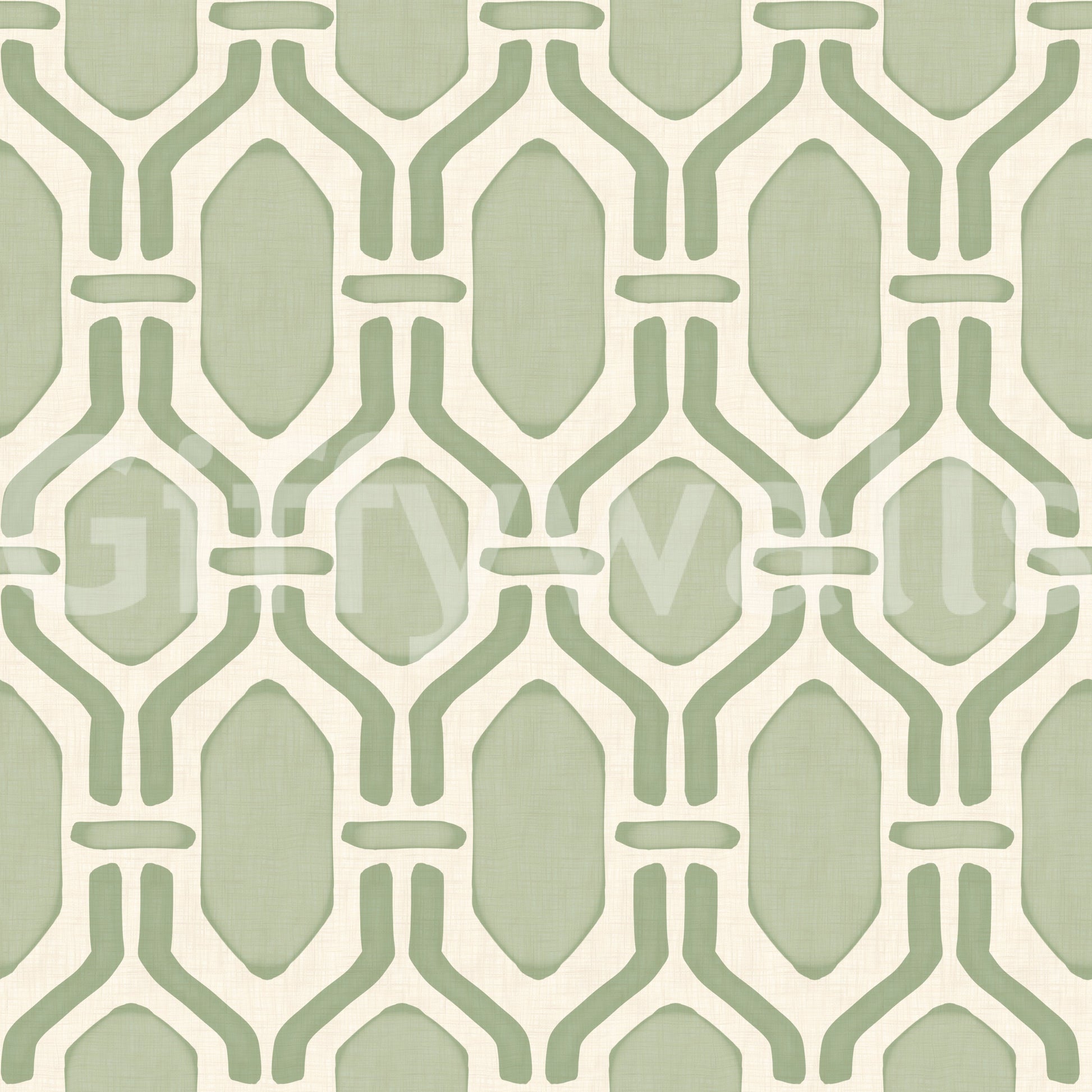Close look at the green trellis shapes on a geometric wallpaper.