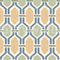Warm beige and blue outlines blending gracefully on a classic Trellis wallpaper.