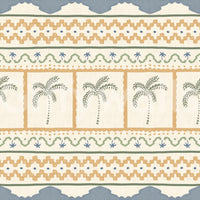Muted blue and beige tones on the Marrakesh Ornament Textile wallpaper