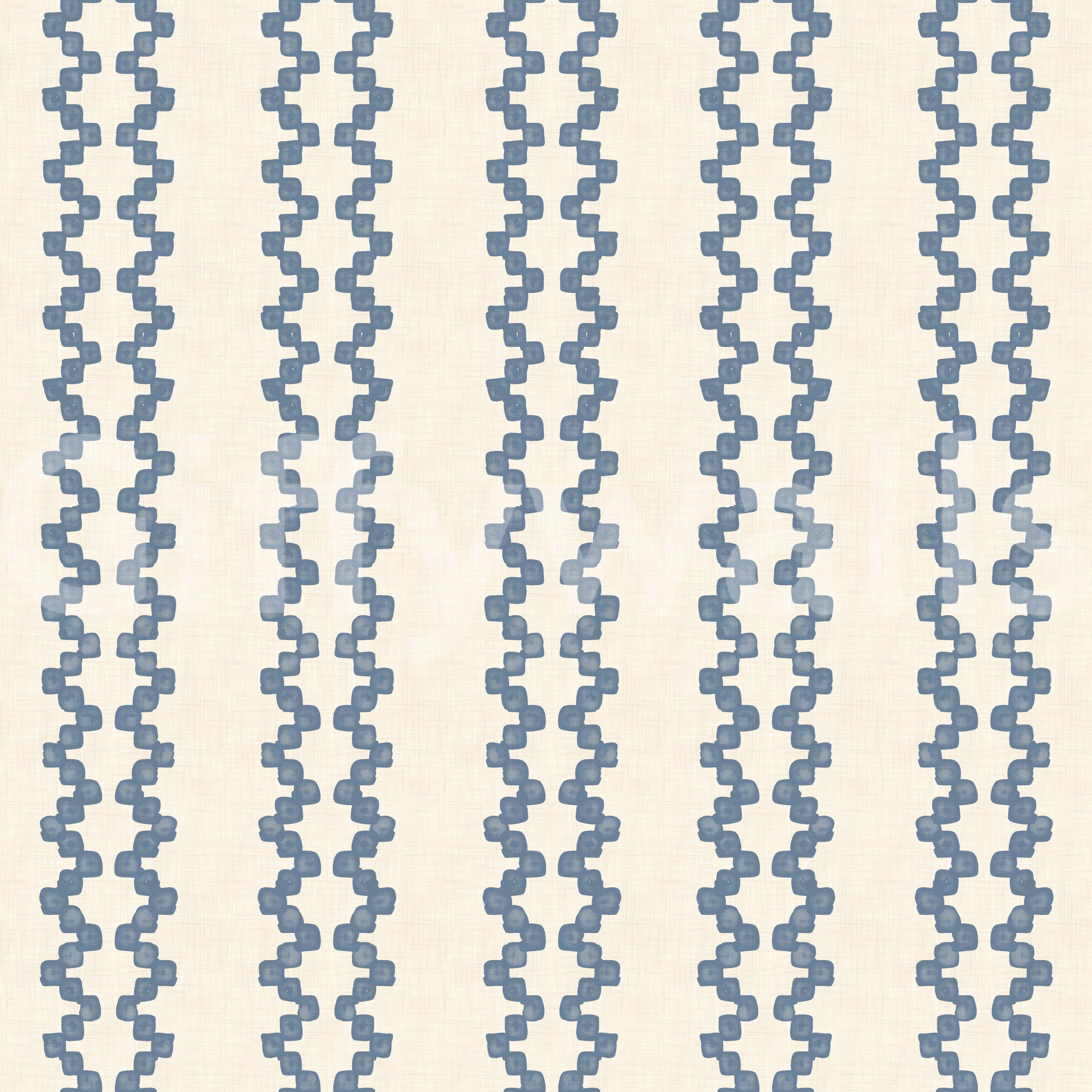 Cream backing balances the slate blue zellige ornament in this striped wallpaper