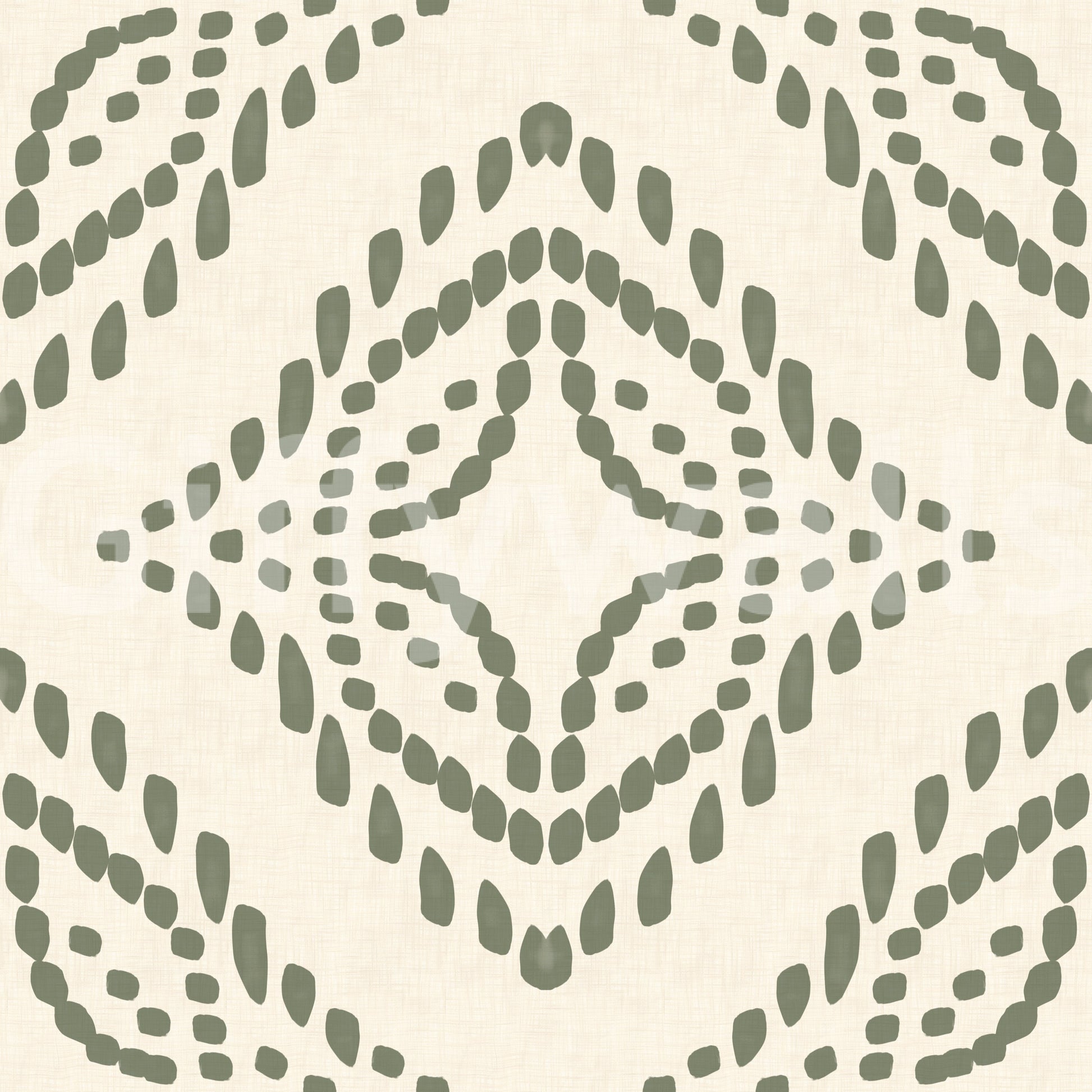 Faint linen weave sits behind the palm green block ornament wallpaper repeat