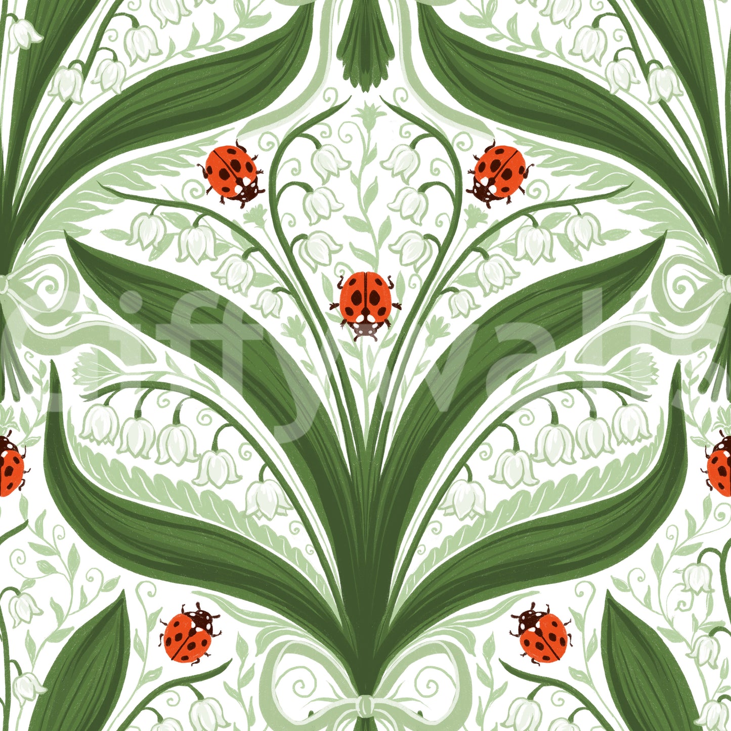 Folk-art lily of the valley wallpaper pairing lush leaves with white bells
