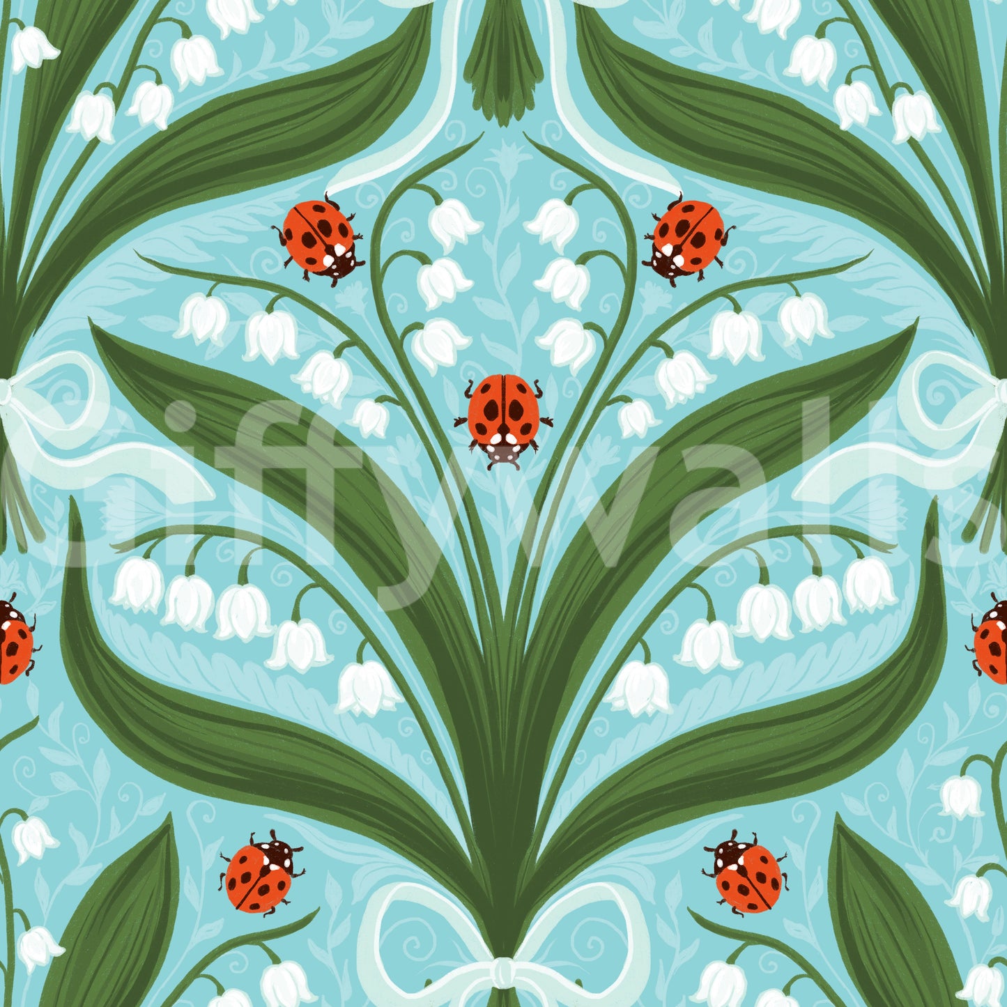 Crisp white lilies set against aqua in this cottage-style ladybug wallpaper