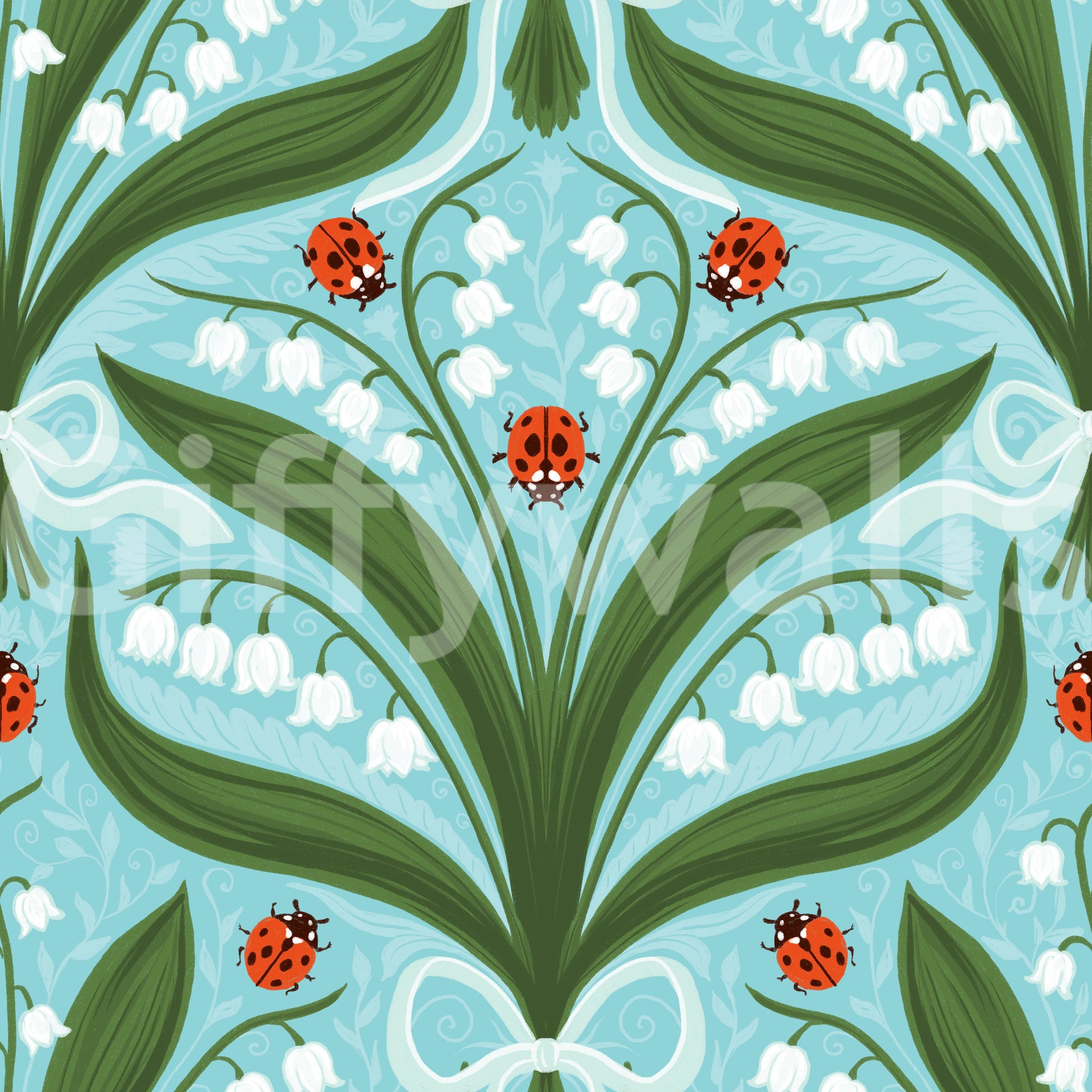 Crisp white lilies set against aqua in this cottage-style ladybug wallpaper