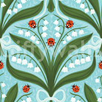 Crisp white lilies set against aqua in this cottage-style ladybug wallpaper
