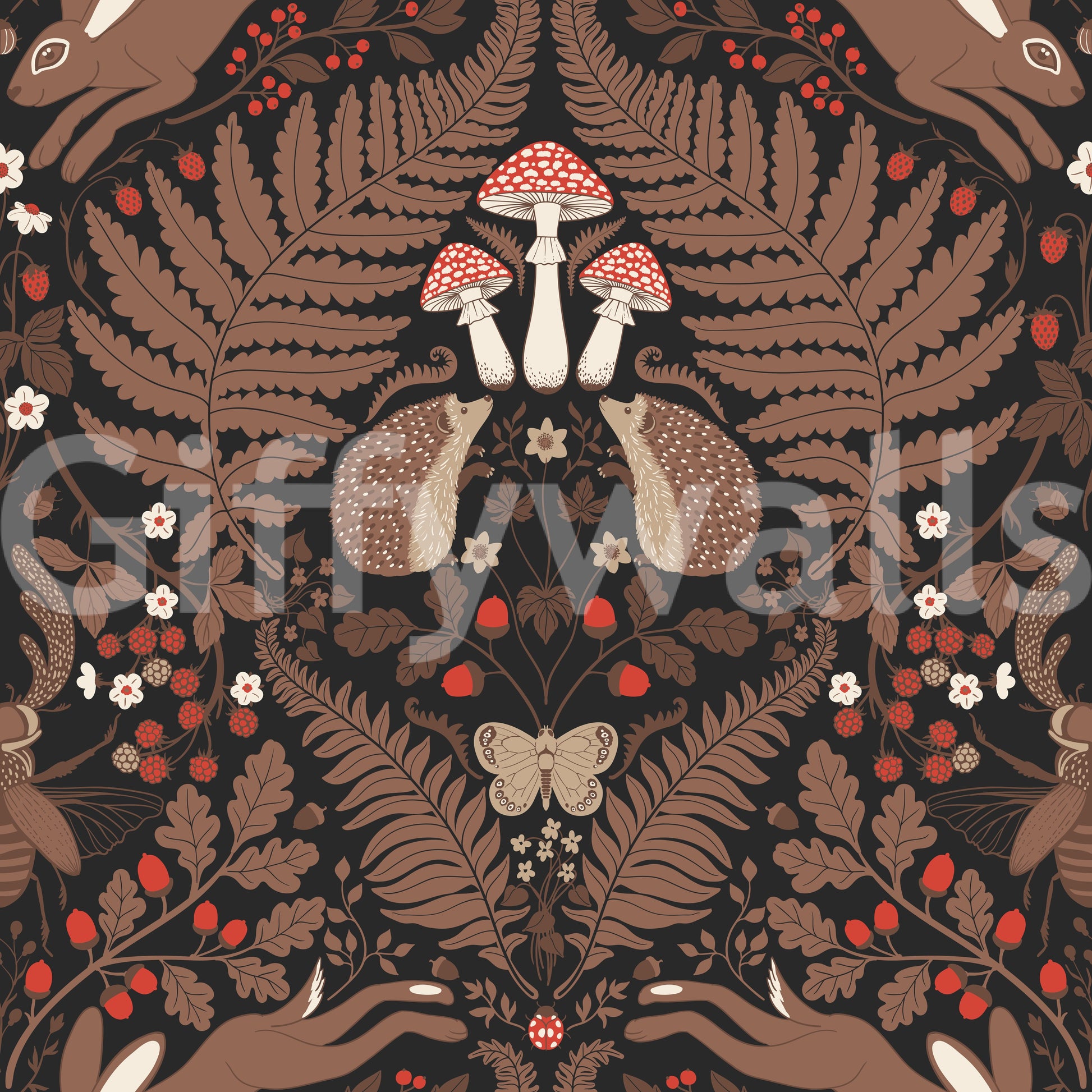 Curling ferns and oak leaves frame the creatures in this brown wallpaper