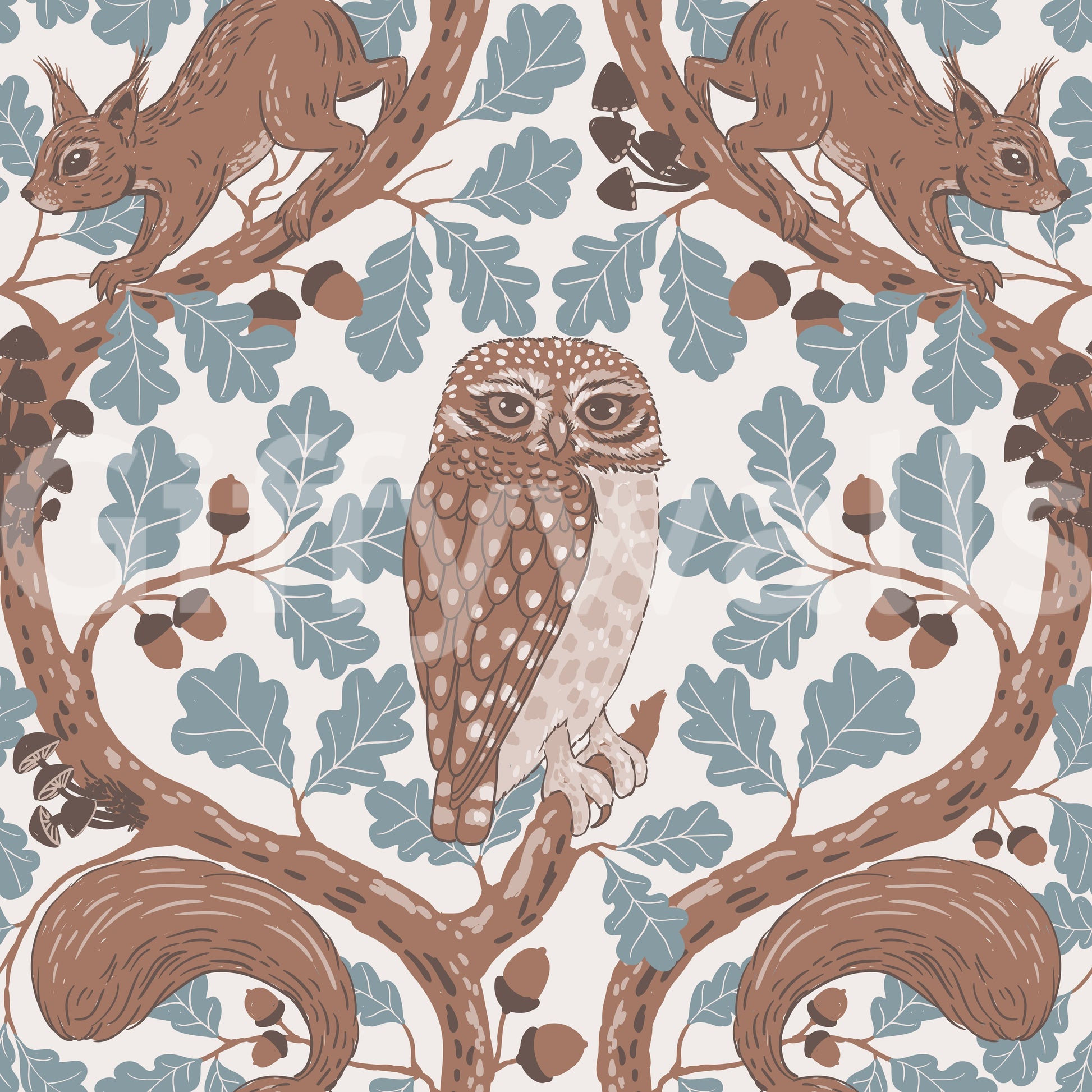 Mirrored halves build the folk Woodland Whispers owl and squirrel wallpaper