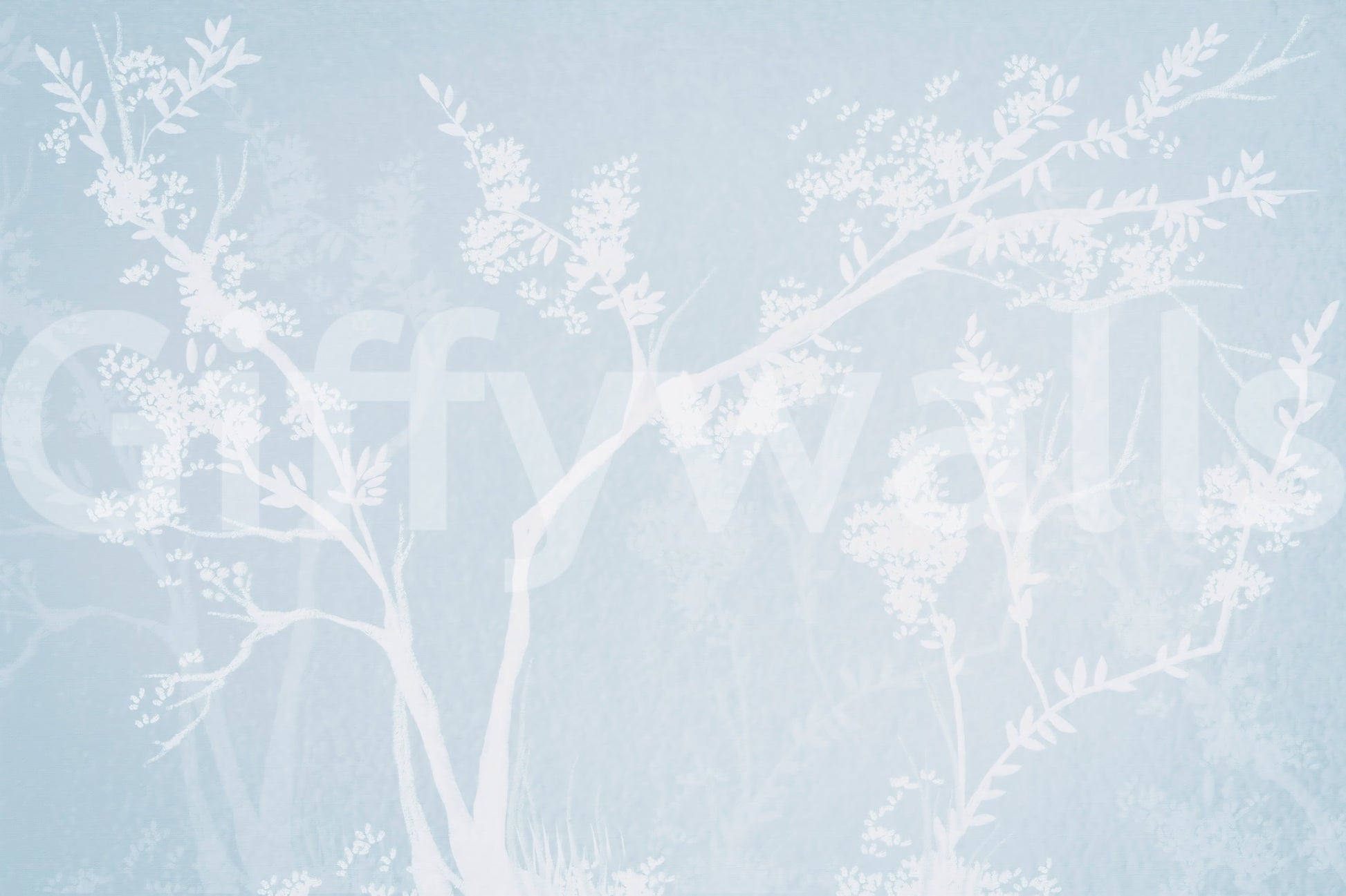 Muted blue and white balance the Ethereal Blue Blossom wall mural.