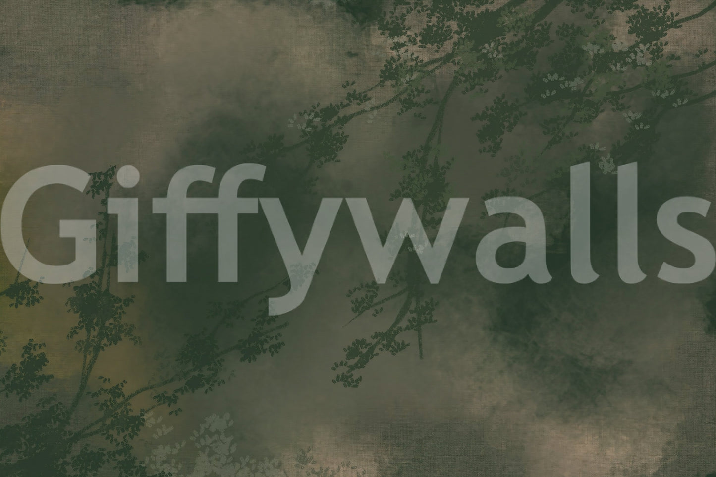 Touches of weathered gold lift the dark green tones of this wall mural