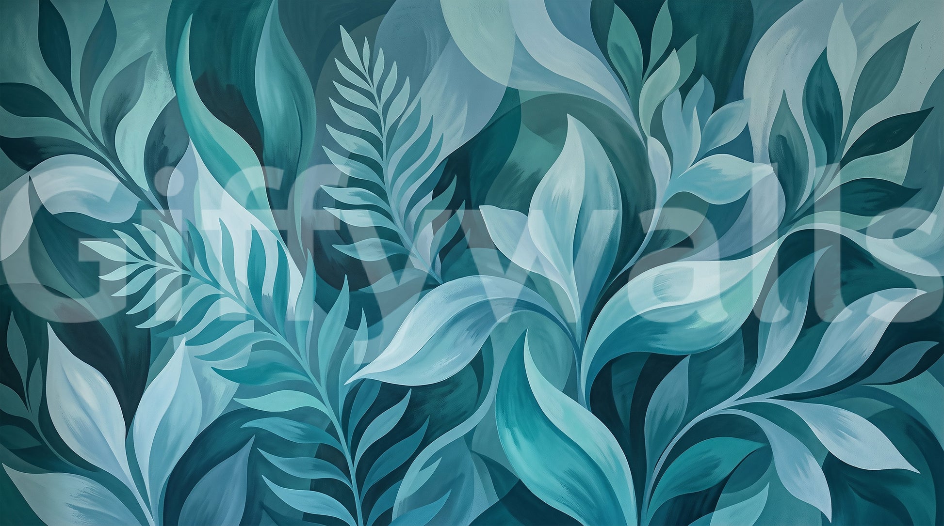 Light and shadow leaves balance the calm Aqua Serenity Leaves wall mural