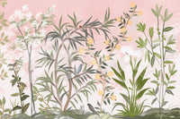 Slim trees and trailing vines lead the eye upward over a gentle chinoiserie wall mural