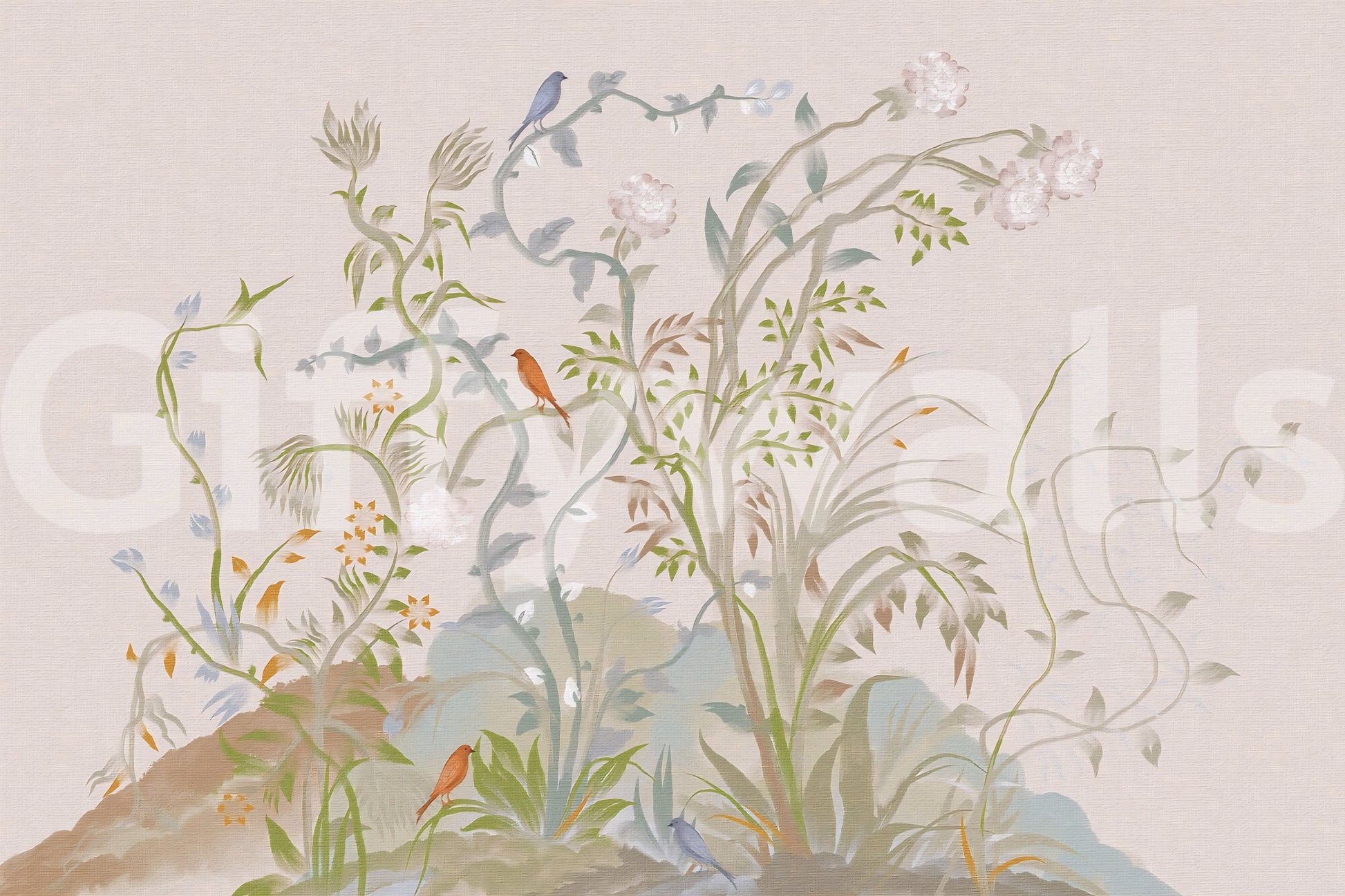 Muted palette of sage, terracotta and blue lifting the chinoiserie songbird wall mural