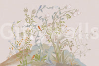 Muted palette of sage, terracotta and blue lifting the chinoiserie songbird wall mural