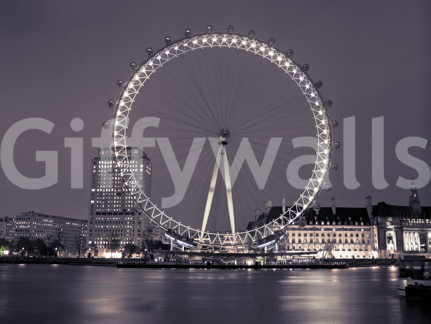 Deep purple, charcoal and warm ivory hold the palette of this London Eye wall mural.
