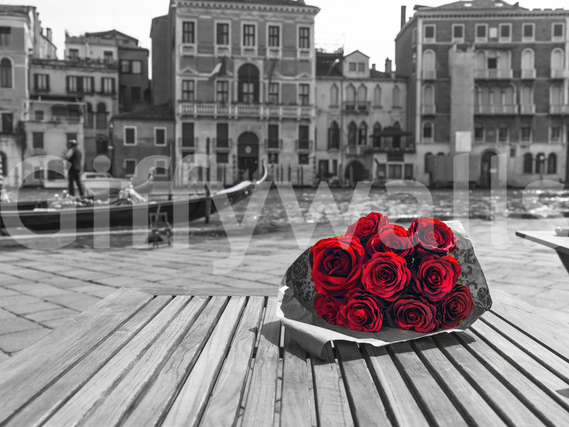 Editorial cropping narrows the Red Roses, Grey Venice wall mural focus to the bouquet.