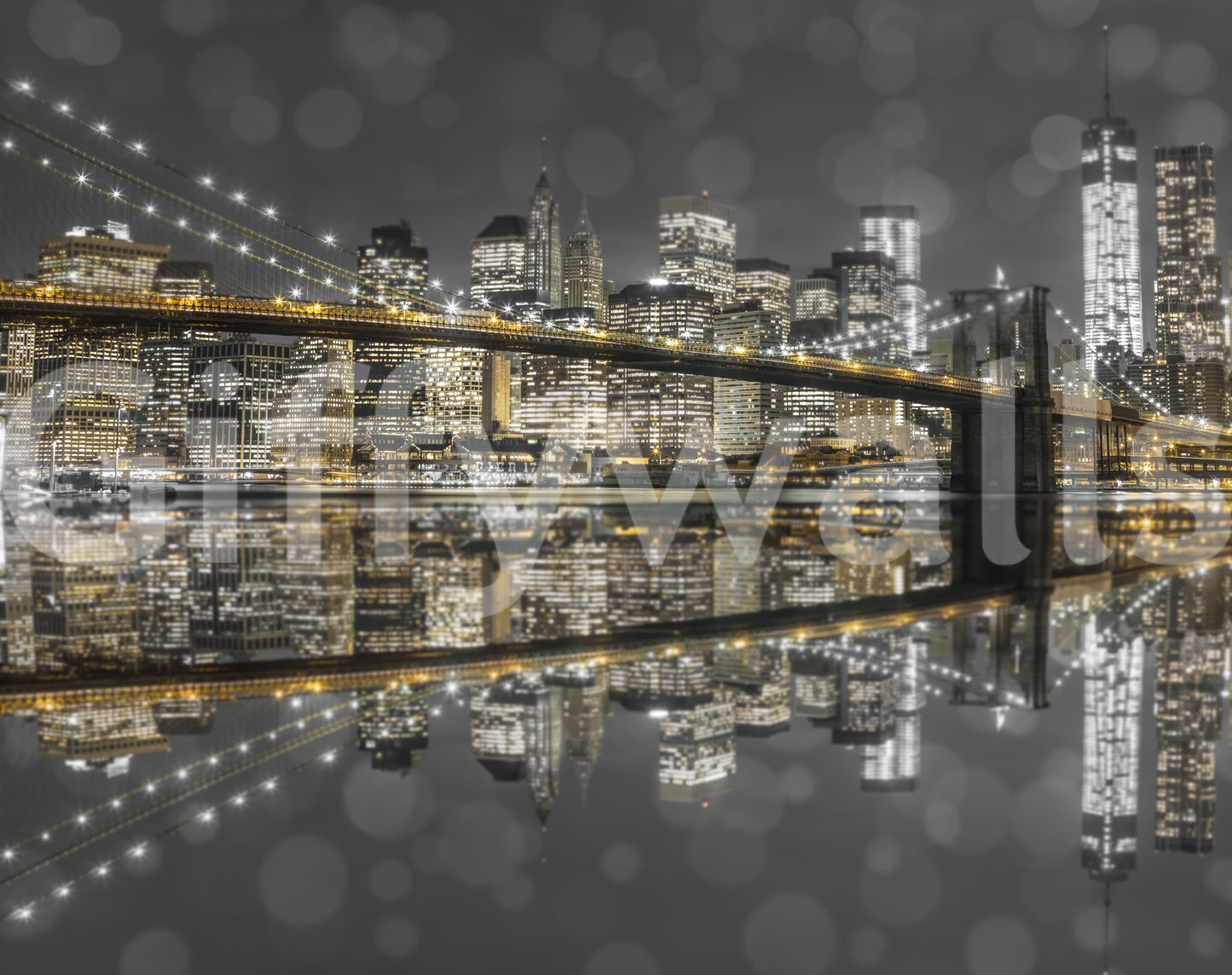Tall towers cluster on the right of the Gold & Gray Nightscape wall mural.