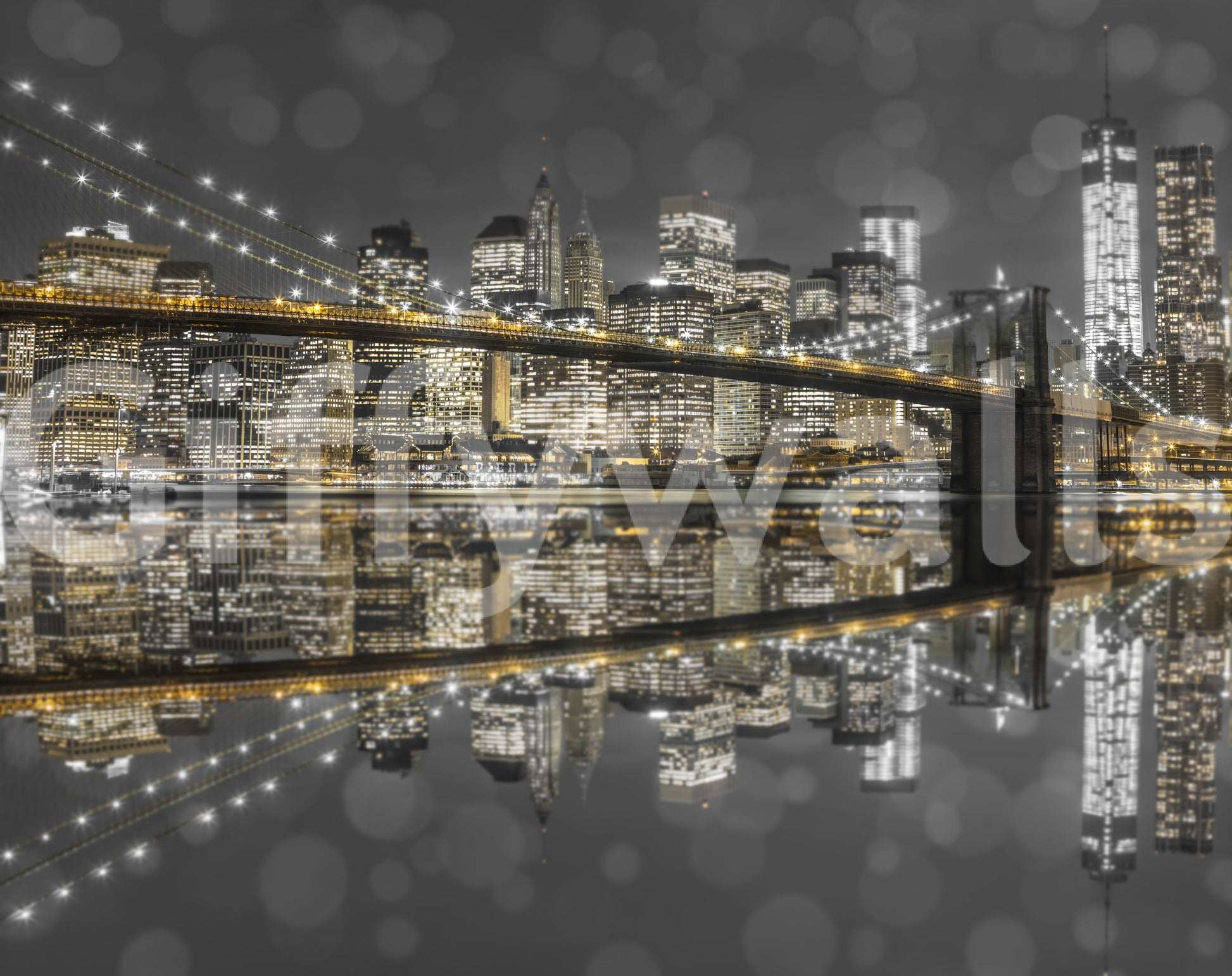 Tall towers cluster on the right of the Gold & Gray Nightscape wall mural.