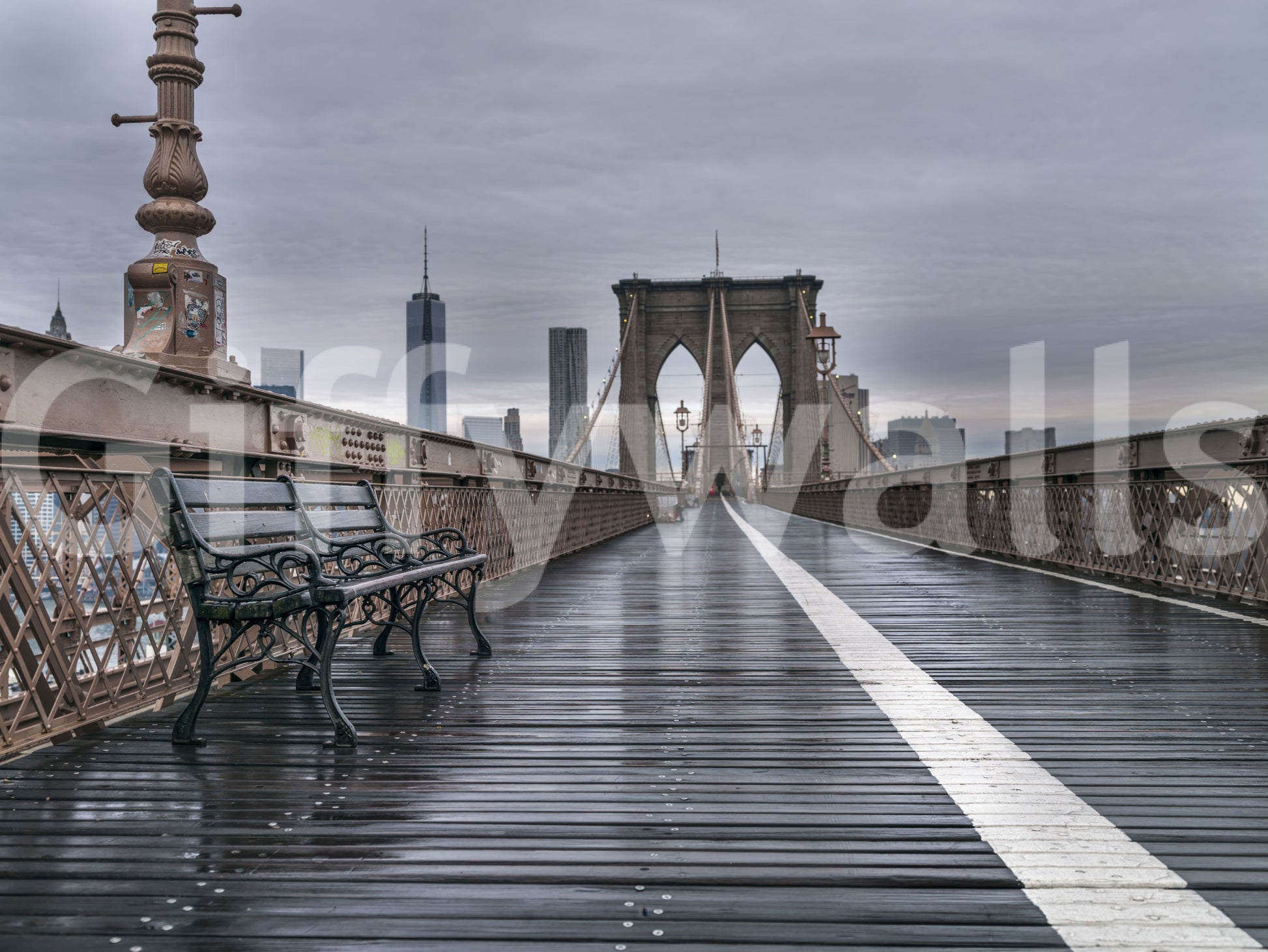 Manhattan skyline and One World tower rise behind the Brooklyn Bridge Serenity wall mural