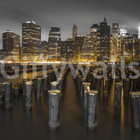Golden Skyline Contrast wall mural reflecting building lights on rippled water
