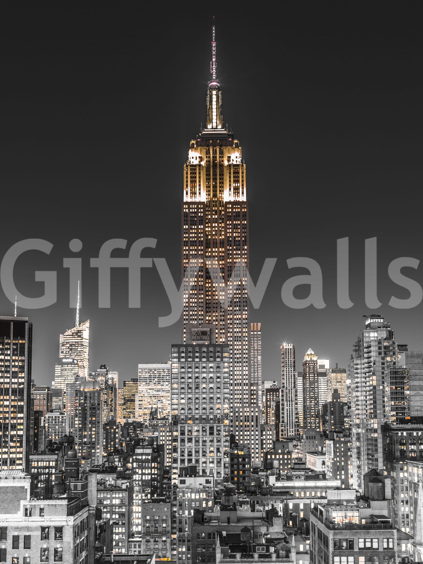 A prominent architectural spire dominates the central focus of the dark Gold wall mural.