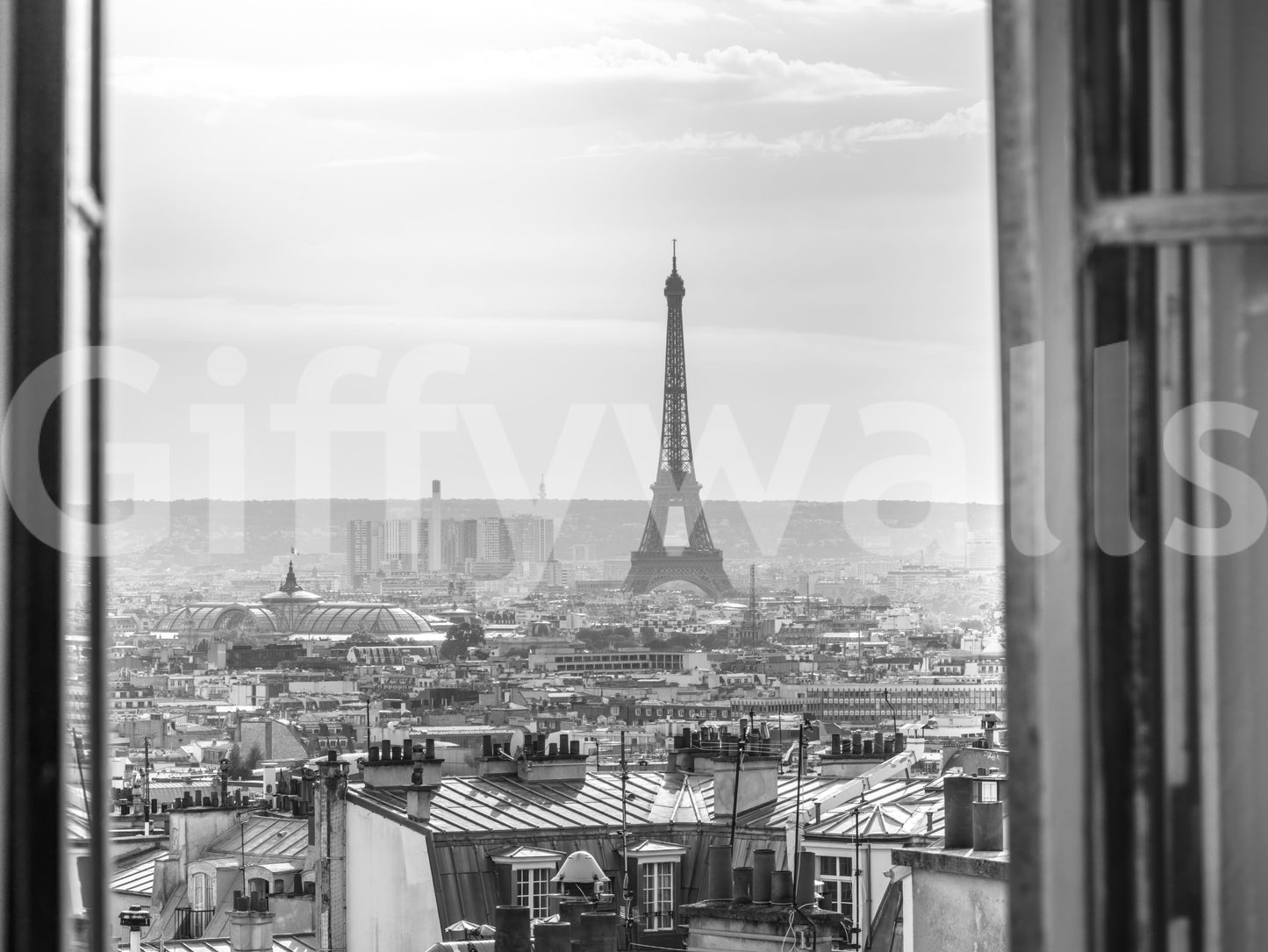 Pale frame outlines the Parisian Window View wall mural with an upper-floor outlook.