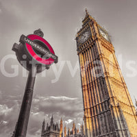 Cloudy grey sky balances warm sandstone across the London Icons wall mural scene