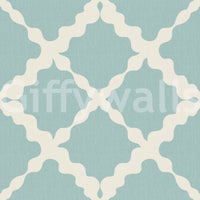 Coastal elements merge with contemporary precision throughout the muted blue wallpaper