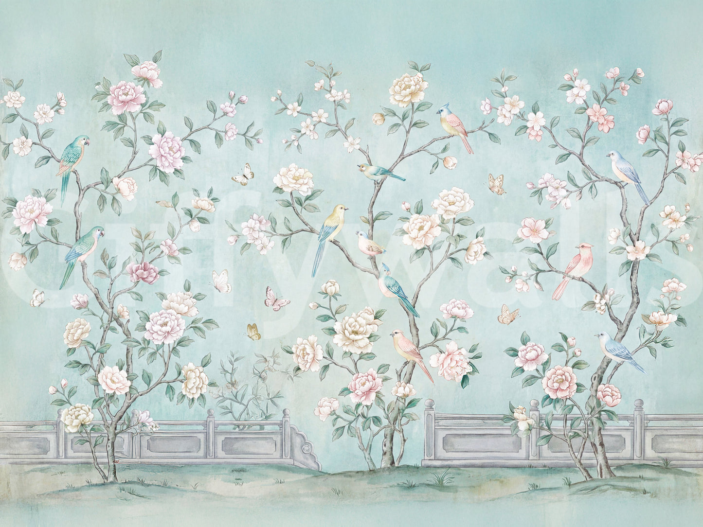 Serene Chinoiserie Aviary Wall Mural