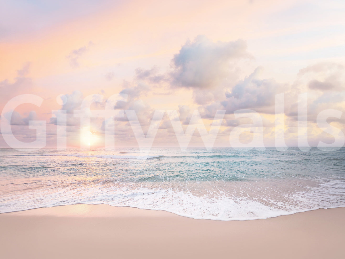 Light surf in the Peach Sky Teal Sea wall mural breaks against a hazy horizon