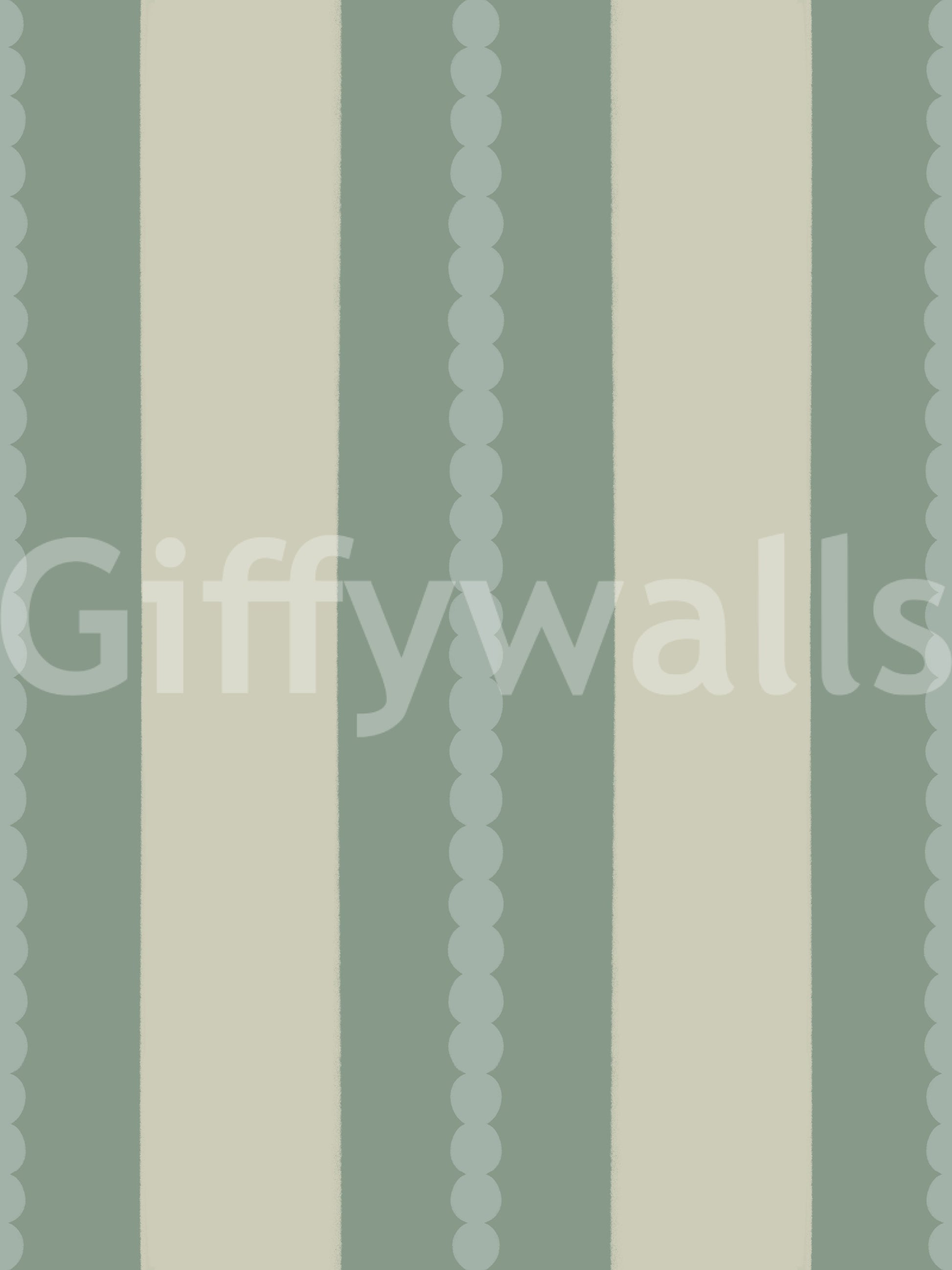 Soft Sage and Beige Stripes Wallpaper details of rounded motifs.