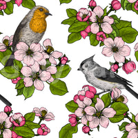Illustrated style of robin and titmouse sits in Birds and Blossoms wallpaper detail.