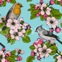 Repeating clusters of buds and green leaves fill this birds wallpaper