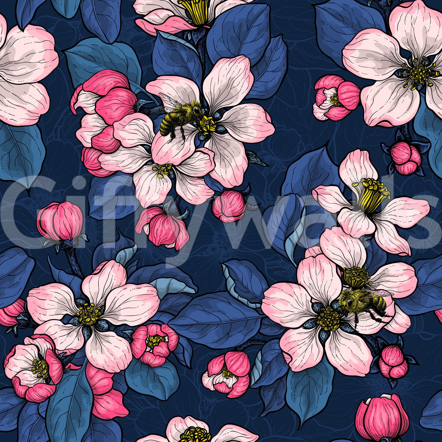 Bold indigo pigments saturate the botanical elements of this lovely blossom wallpaper.