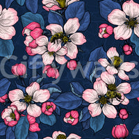 Bold indigo pigments saturate the botanical elements of this lovely blossom wallpaper.