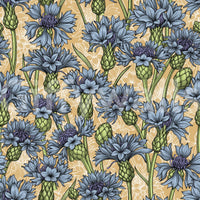 Dense blue cornflowers repeat continuously across the premium wallpaper material.