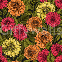 Massive flower heads in vivid autumn tones dominate the Dahlia garden wallpaper.