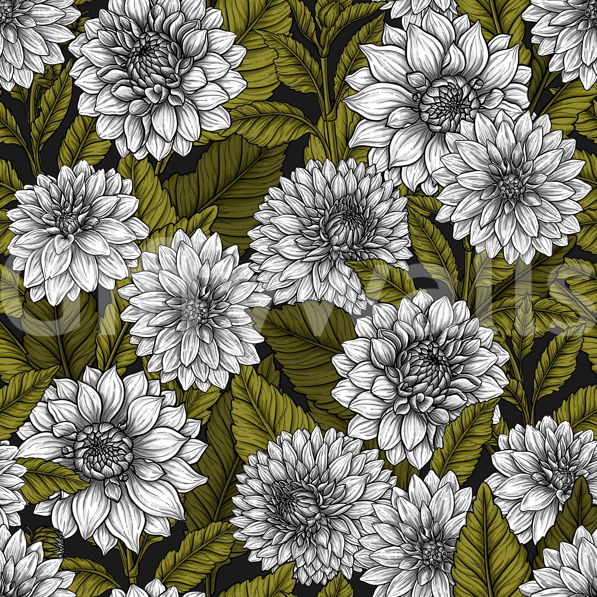 Continuous intersecting lines form large blossoms on the White Dahlia garden wallpaper.