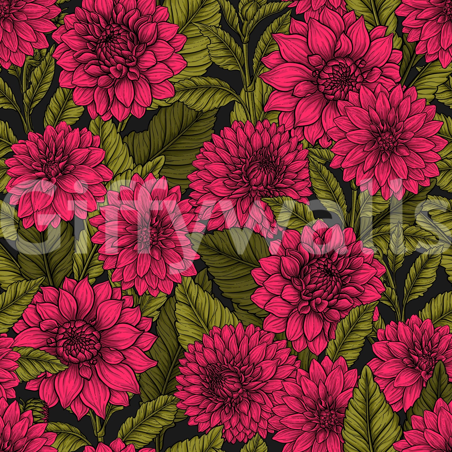 Repeating motifs establish a continuous nature theme within this dark garden wallpaper.