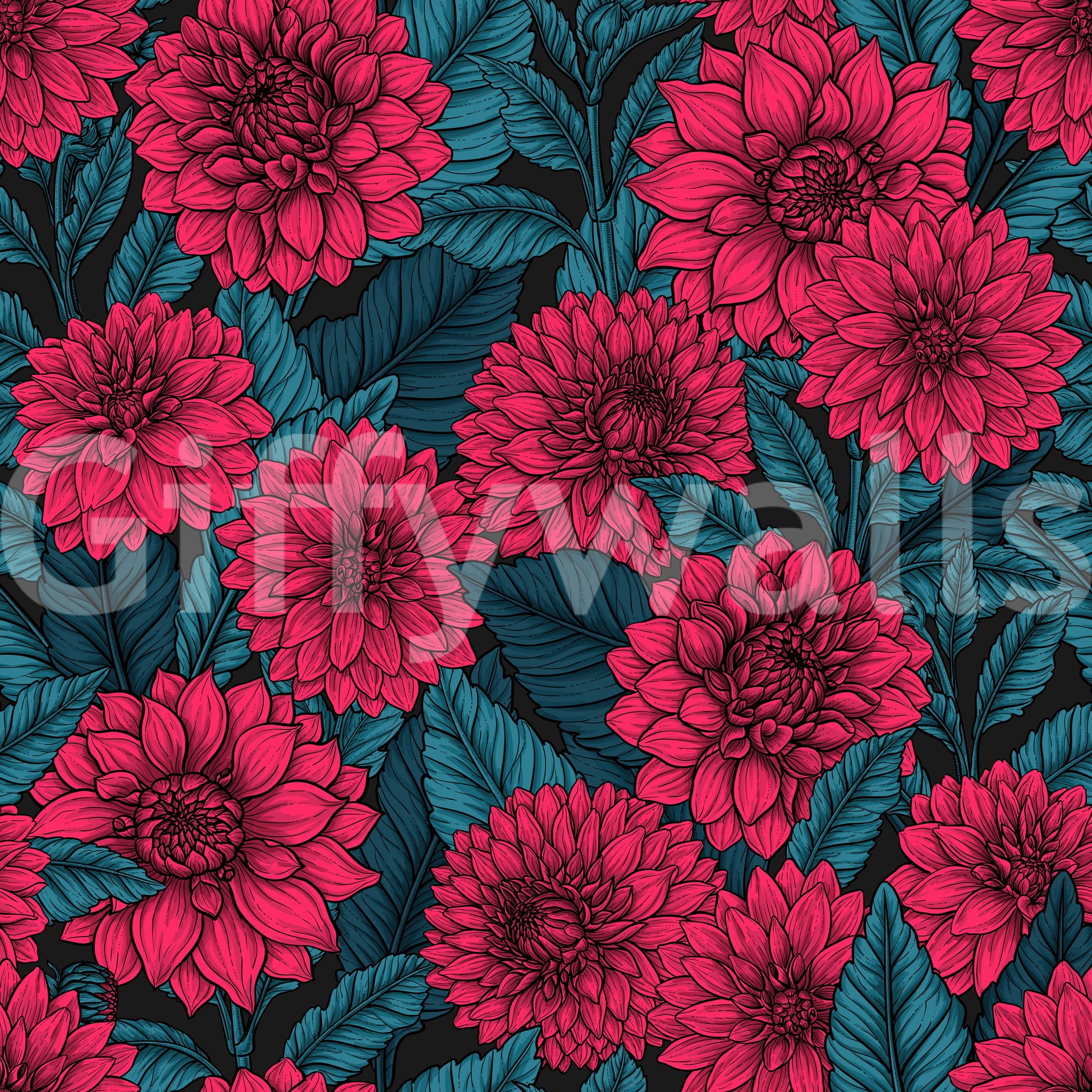The dark background contrasts sharply with vibrant dahlias upon the floral wallpaper.