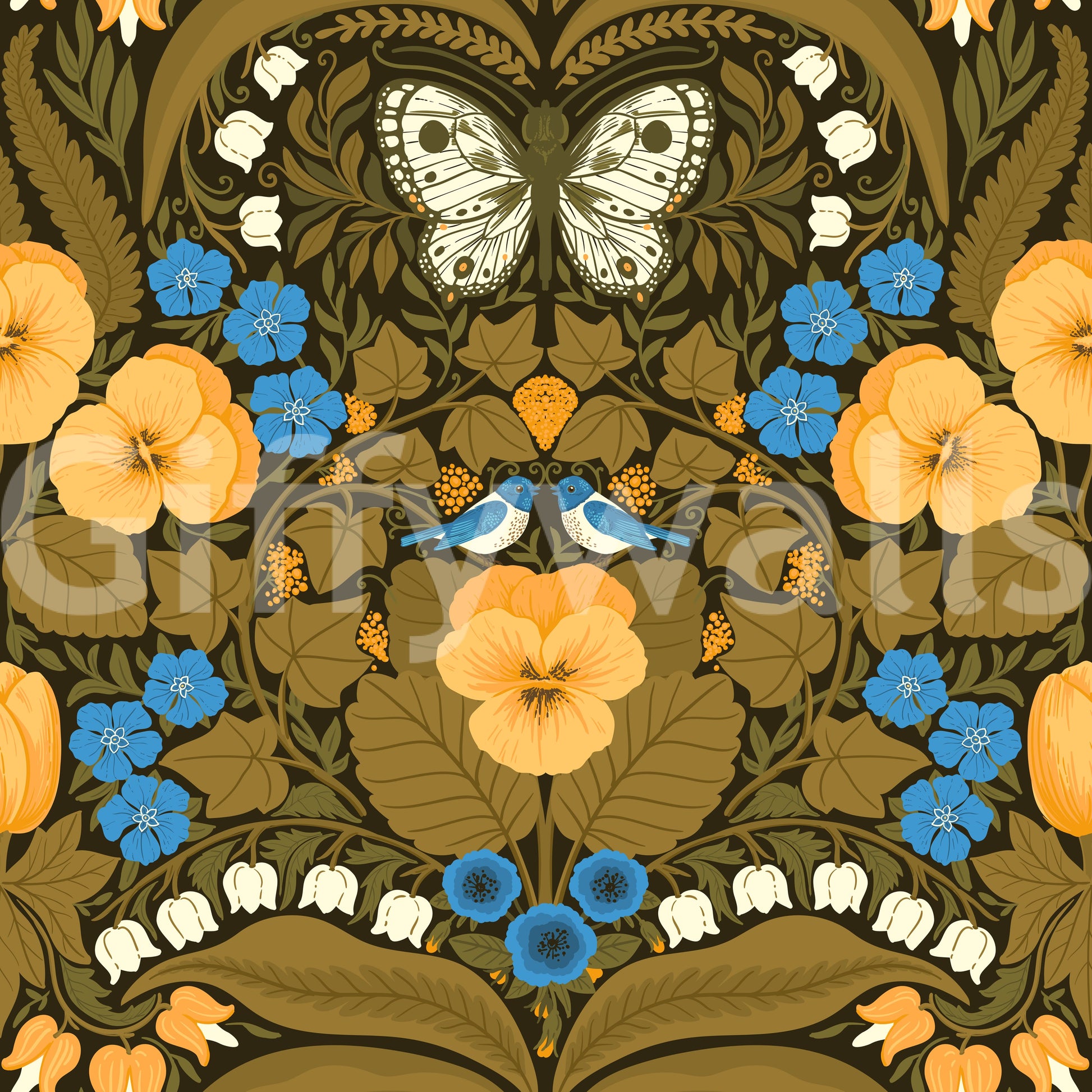 Delicate white butterflies flutter on this nature wallpaper featuring summer blooms.