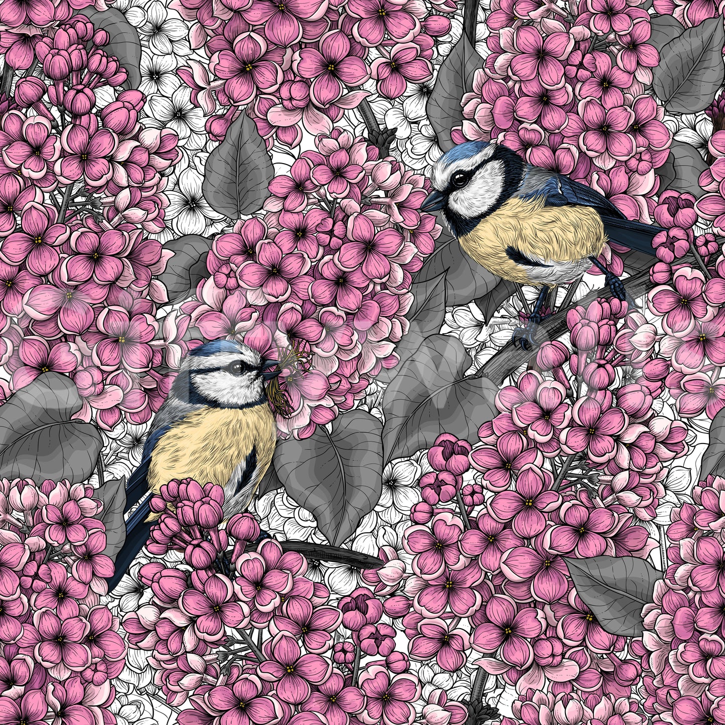 This Birds in pink lilac garden wallpaper features blue birds.