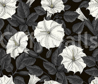 Repeating flower patterns characterize the white moonflowers wallpaper.