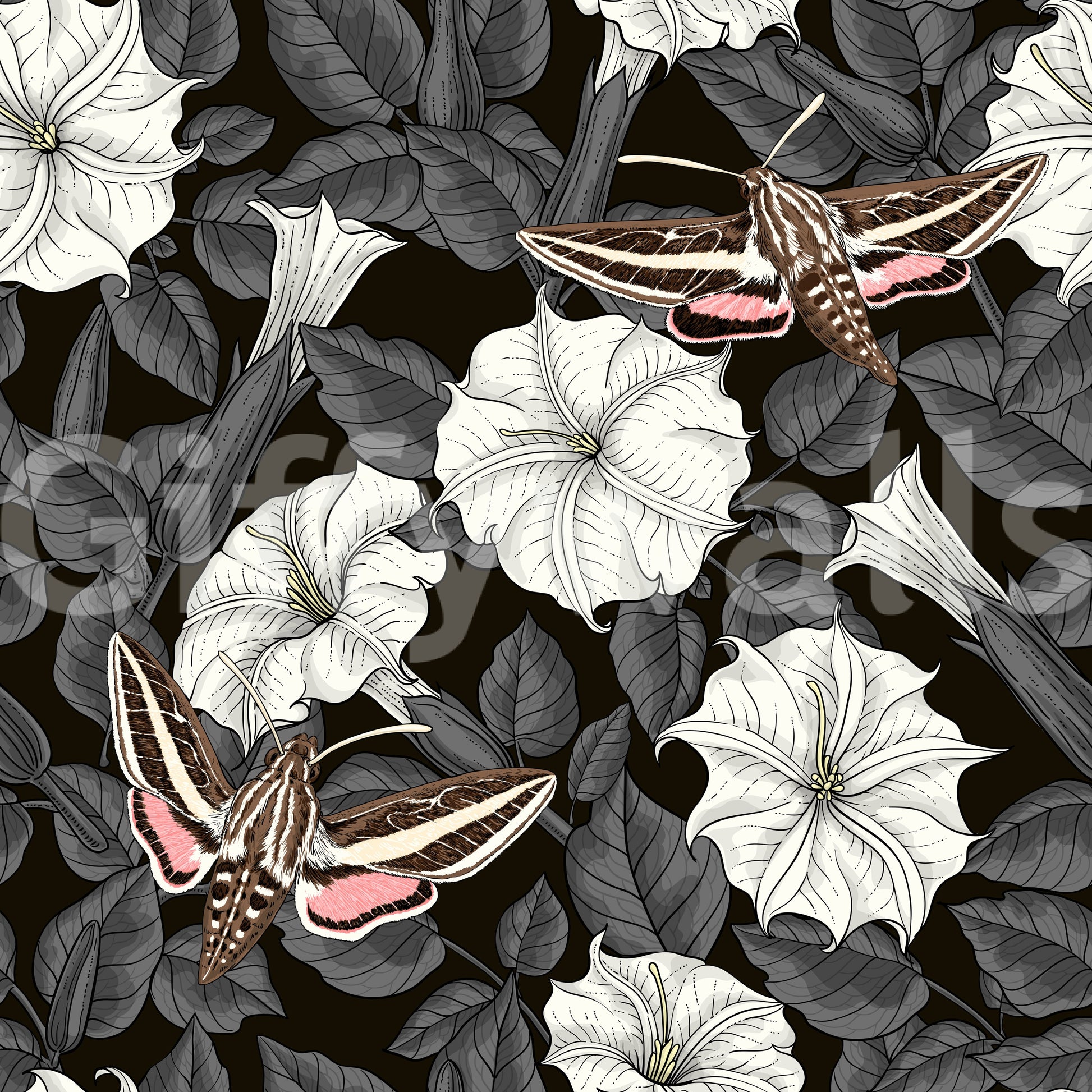 Soft pink accents highlight the sphinx moths in the Moonflowers and sphinx moths wallpaper.