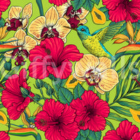 Detailed birds rest on the Tropical Florals and Hummingbird wallpaper.