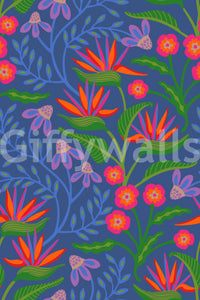 The striking bird of paradise wallpaper creates a dense canopy of green ferns.