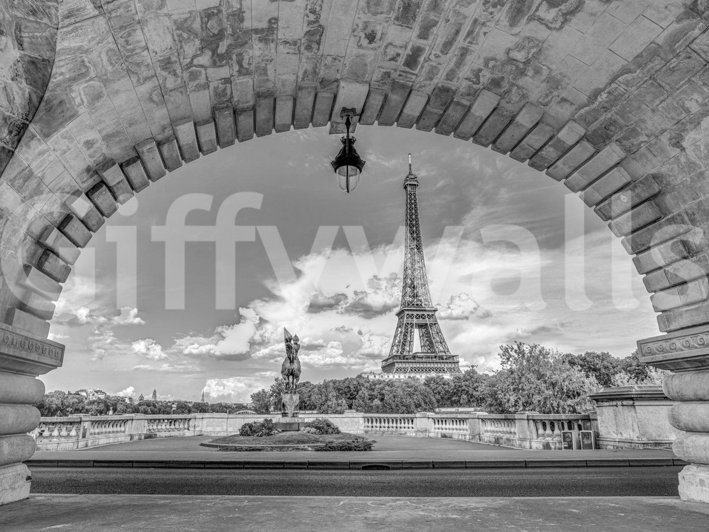 Parisian Vista wall mural sits in old-photo grayscale with quiet visual depth